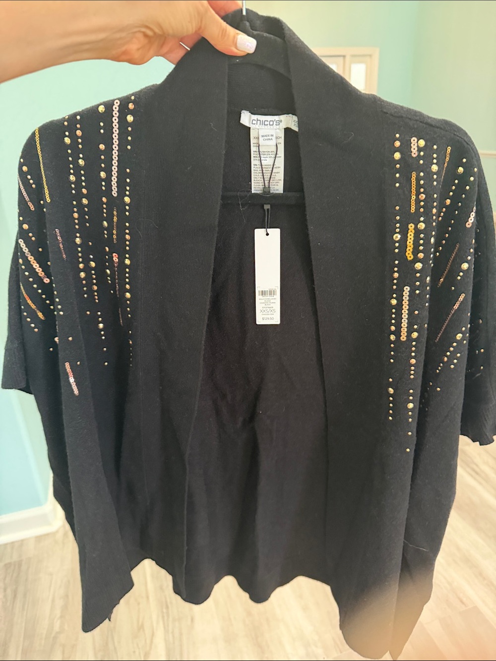 Chico's Black Open-Front Cardigan with Metallic Bead Detail